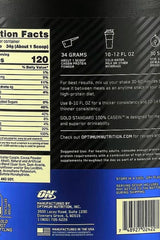 Nutrition facts label for Optimum Nutrition Casein Gold Standard protein powder, highlighting protein content and serving size.