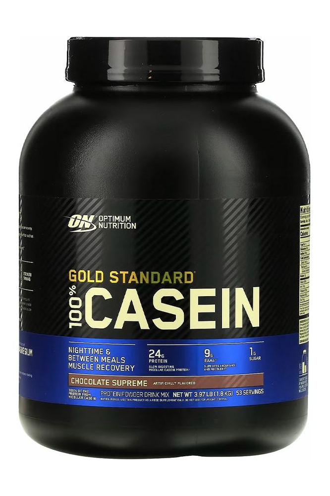 Optimum Nutrition Gold Standard Casein protein powder container for overnight muscle recovery and maintenance.