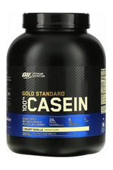 Optimum Nutrition Gold Standard Casein protein powder jar in creamy vanilla flavor for muscle recovery.