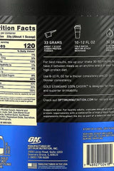 Nutrition facts label for Optimum Nutrition Casein Gold Standard, detailing protein, servings, and usage instructions.