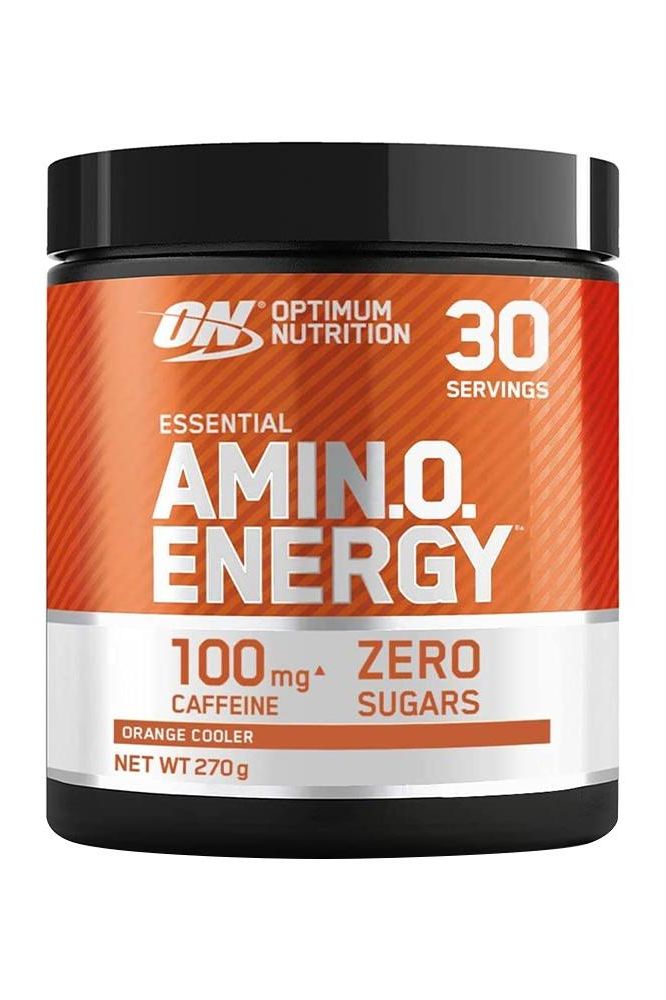 Optimum Nutrition Essential AMIN.O. Energy powder container with 100 mg caffeine and zero sugars in orange cooler flavor.