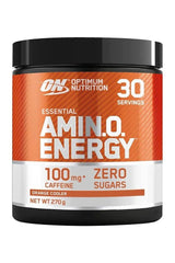 Optimum Nutrition Essential AMIN.O. Energy powder container with 100 mg caffeine and zero sugars in orange cooler flavor.