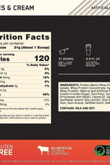 Nutrition facts for Optimum Nutrition Gold Standard 100% Whey Cookies and Cream protein powder, highlighting key nutrients.