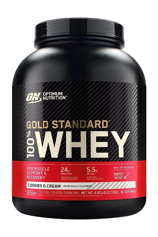 Optimum Nutrition Gold Standard 100% Whey protein powder, Cookies & Cream flavor for muscle recovery and support.