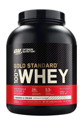 Optimum Nutrition Gold Standard 100% Whey protein powder, Cookies & Cream flavor for muscle recovery and support.