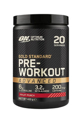 Optimum Nutrition Gold Standard Pre-Workout Advanced, 420g, delivering energy, focus, and endurance with fruit punch flavor.
