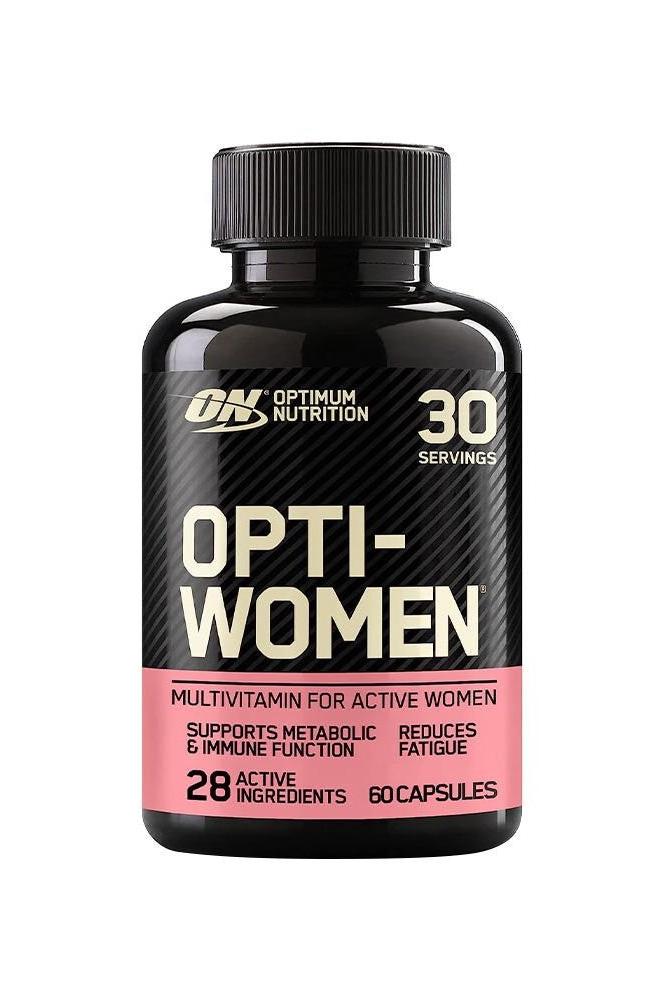 Optimum Nutrition Opti-Women multivitamin bottle for active women, 60 capsules, supports metabolic health and reduces fatigue.