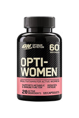 Optimum Nutrition Opti-Women multivitamin bottle, 120 capsules for active women, supports immune function and reduces fatigue.