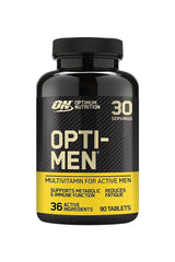 Optimum Nutrition Opti-Men multivitamin bottle with 90 tablets for active men, supports metabolic health and reduces fatigue.