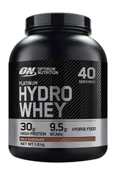 Optimum Nutrition Platinum Hydrowhey protein powder, 30g protein, 9.5g BCAAs, milk chocolate flavor, 40 servings.