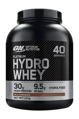 Optimum Nutrition Platinum Hydrowhey protein powder, 30g protein, 9.5g BCAAs, milk chocolate flavor, 40 servings.