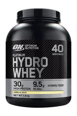 Optimum Nutrition Platinum Hydrowhey protein powder, 30g protein, 9.5g BCAAs, hydrolysed, vanilla bean flavor, 1.6kg.