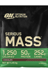 Optimum Nutrition Serious Mass chocolate pouch with 1250 calories, 50g protein, 252g carbs, and 16 servings.