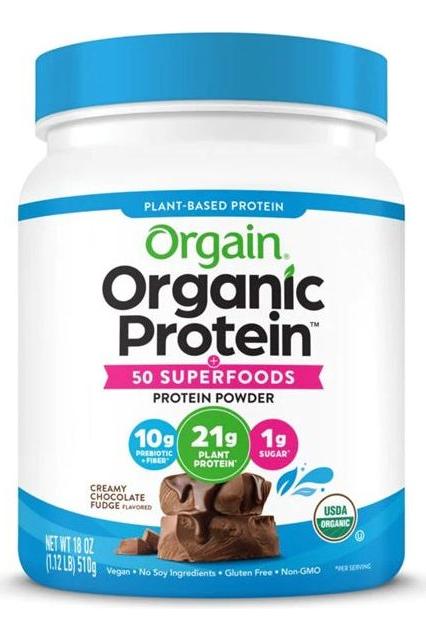 Orgain Organic Protein powder with 50 superfoods in creamy chocolate flavor, plant-based and gluten-free.