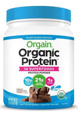 Orgain Organic Protein powder with 50 superfoods in creamy chocolate flavor, plant-based and gluten-free.