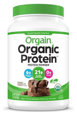 Orgain Organic Protein powder in creamy chocolate fudge flavor, featuring 21g plant-based protein per serving.