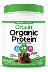 Orgain Organic Protein powder tub with creamy chocolate fudge flavor, plant-based, vegan, gluten-free, 21g protein per serving.