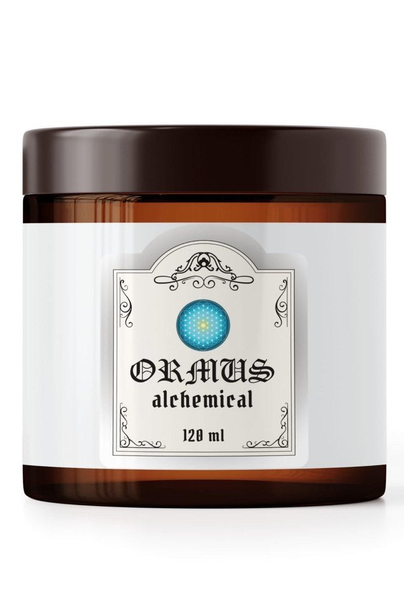 Ormus alchemical product packaging, 120 ml, featuring natural minerals from the Dead Sea.