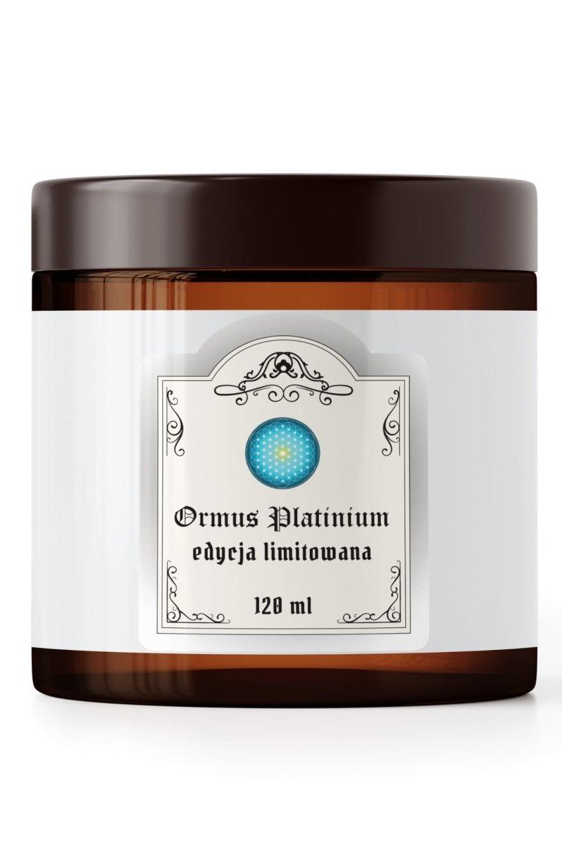 Ormus Platinum 120ml jar featuring natural ingredients and limited edition label, promoting mineral benefits from the Dead Sea.