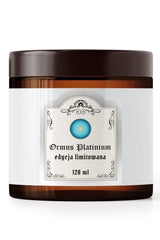 Ormus Platinum 120ml jar featuring natural ingredients and limited edition label, promoting mineral benefits from the Dead Sea.