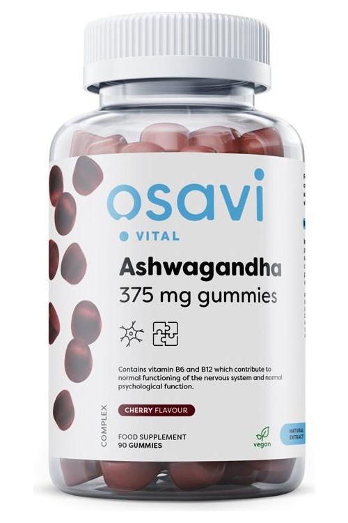 Osavi Ashwagandha 375mg Gummies bottle with cherry flavor, supports relaxation and mental well-being.