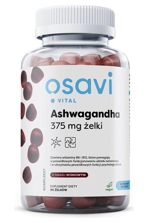Osavi Ashwagandha 375 mg gummies in a transparent jar, promoting stress relief and energy support.
