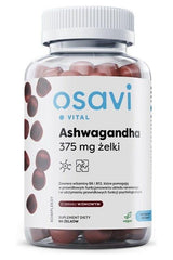 Osavi Ashwagandha 375 mg gummies in a transparent jar, promoting stress relief and energy support.