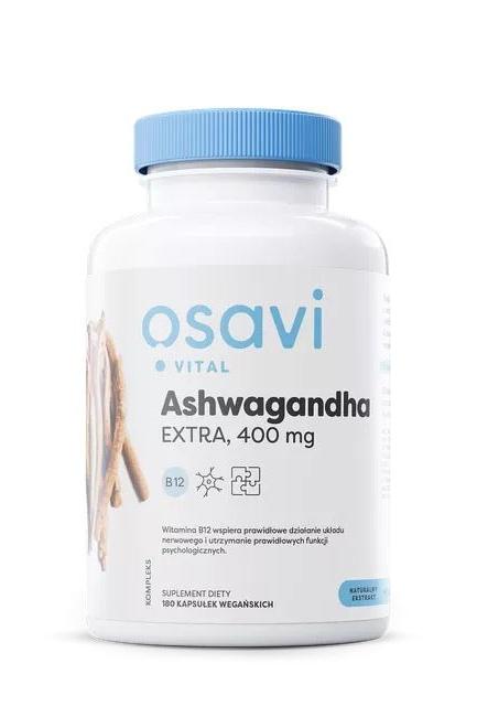 Osavi Ashwagandha Extra 400 mg supplement bottle with 180 capsules and Vitamin B12 for stress relief.