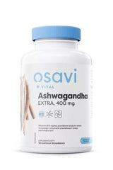 Osavi Ashwagandha Extra 400 mg supplement bottle with 180 capsules and Vitamin B12 for stress relief.