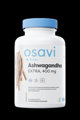 Osavi Ashwagandha Extra, 400 mg supplement bottle with B12 benefits for stress relief and psychological support.