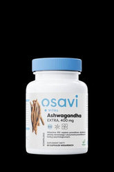 Osavi Ashwagandha Extra 400 mg supplement bottle with vegan capsules and B12 for stress relief.