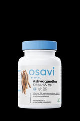 Osavi Ashwagandha Extra 400 mg supplement bottle with vegan capsules and B12 for stress relief.
