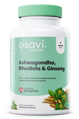 Osavi Ashwagandha, Rhodiola & Ginseng supplement bottle, 120 vegan capsules for stress support.