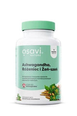 Osavi Ashwagandha supplement bottle featuring KSM-66 extract, vegan and gluten-free, with herbal benefits.
