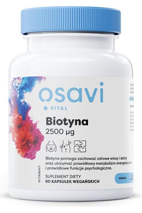Osavi Biotin 2500 µg dietary supplement in a capsule form, promoting healthy skin and hair.