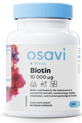 Osavi Biotin supplement bottle with 60 vegan capsules for skin and hair health, 10,000 µg biotin.