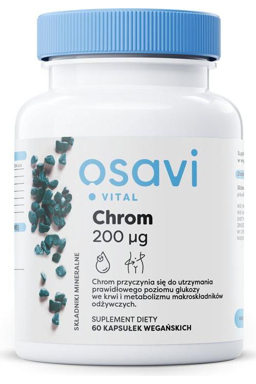 Osavi Chrom supplement bottle with 200 mcg of chromium in high-absorption vegan capsules.