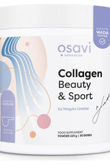 Osavi Collagen Beauty & Sport powder supplement in a 225 g container by Magda Linette, promoting skin and hair health.