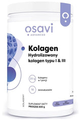 Osavi hydrolyzed collagen type I & III powder supplement in a 600g container, promoting skin and joint health.