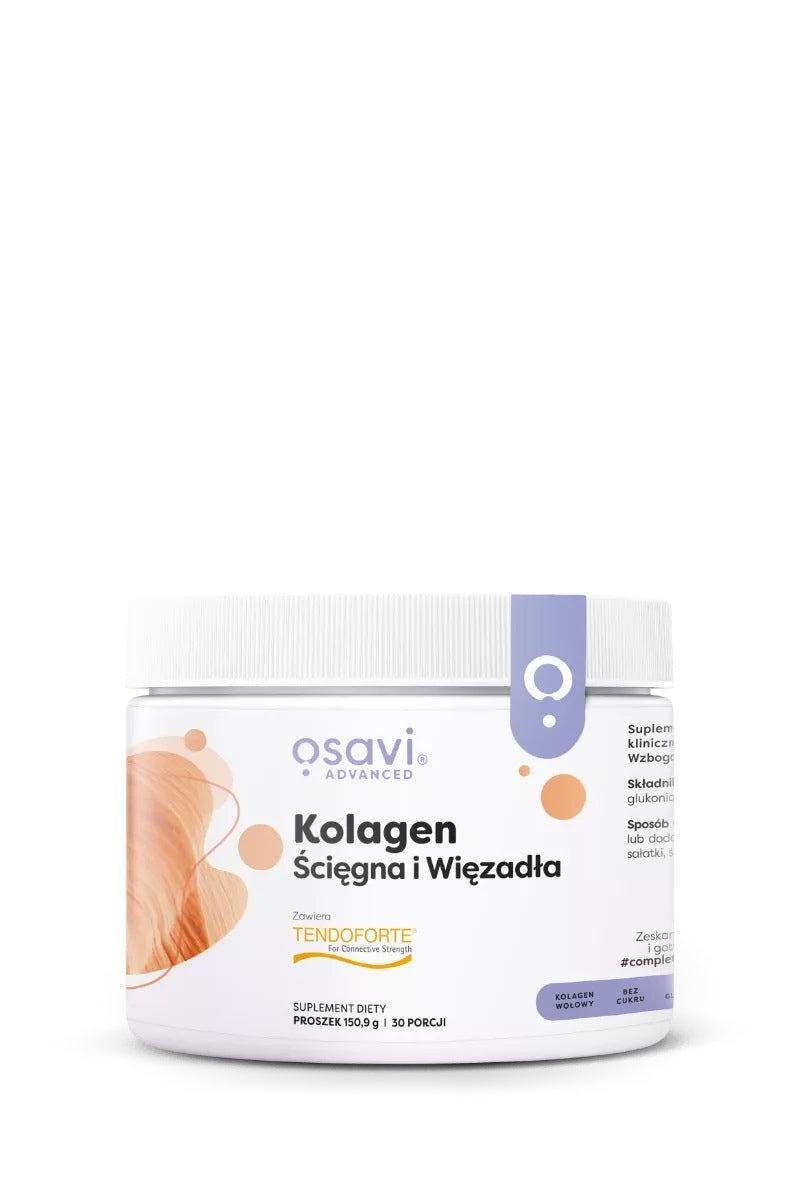 Osavi collagen supplement for tendons and ligaments in a white container with blue and orange design.