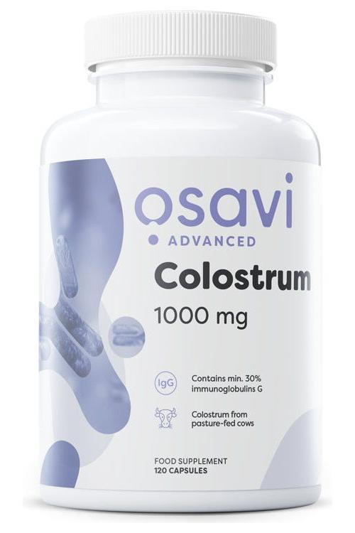 Osavi Colostrum 1000mg supplement bottle, containing immune-boosting ingredients for health and recovery.