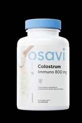 Osavi Colostrum Immuno 800 mg, dietary supplement in white container with blue lid, boosts immunity and gut health.