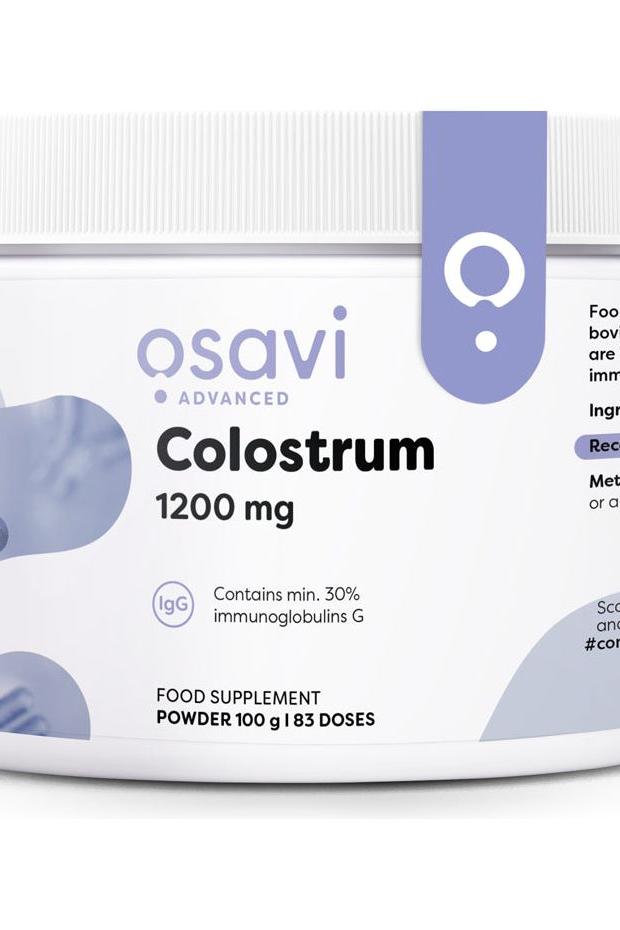 Osavi Colostrum Powder 1200 mg supplement for improved immunity and recovery, 100g container.