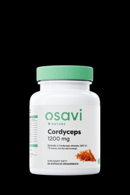 Osavi Cordyceps supplement bottle, 1200 mg, 60 vegan capsules for energy and immune support.
