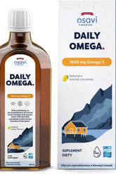 Osavi Daily Omega 1600 mg fish oil supplement with natural lemon flavor, promoting heart and brain health.