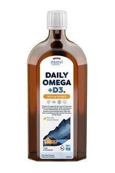 Osavi Daily Omega +D3 supplement 1600 mg with natural lemon flavor in 500 ml bottle, supports brain and heart health.