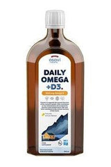 Osavi Daily Omega +D3 supplement 1600 mg with natural lemon flavor in 500 ml bottle, supports brain and heart health.