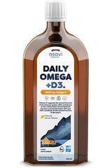 Osavi Daily Omega + D3 liquid supplement with omega-3 and vitamin D, 500ml bottle, natural lemon flavor.