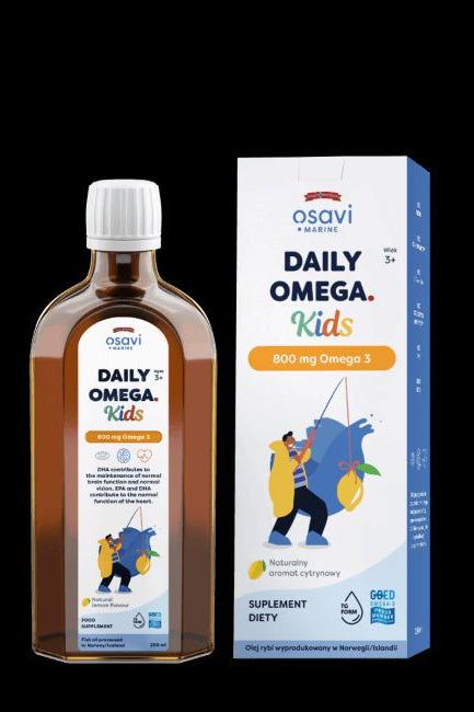 Osavi Daily Omega for Kids, 800 mg Omega 3, 250 ml bottle and box, lemon flavor, supports brain health.