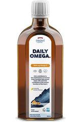 Osavi Daily Omega liquid supplement bottle, 1600 mg Omega-3 for brain and heart health, with natural lemon flavor.